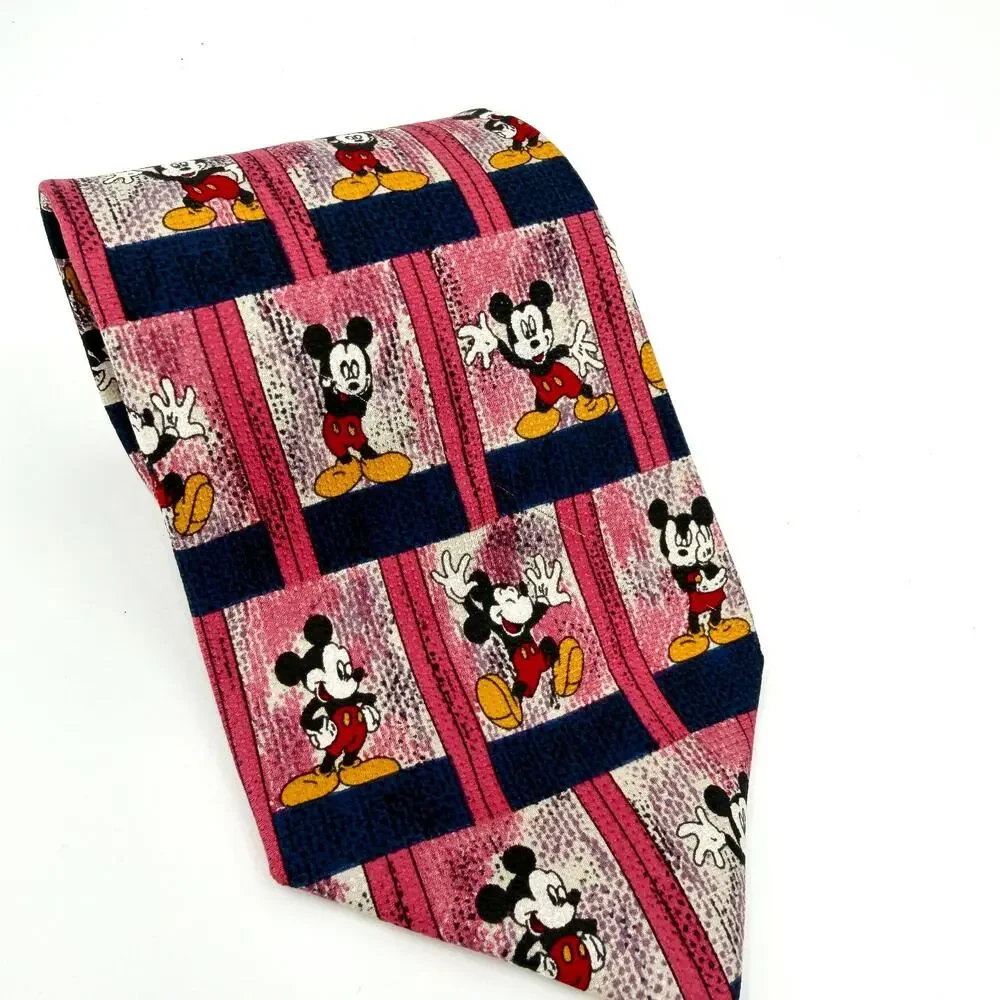 Vintage 90s Mickey & Co Disney Pink Navy 100% Silk Mickey Mouse Necktie